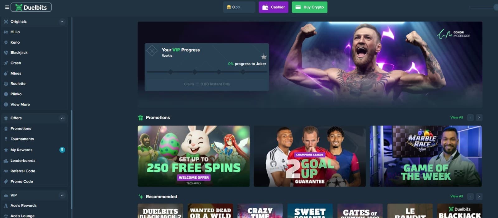 The landing page of Duelbits Casino showcases the VIP program and a range of casino bonuses.