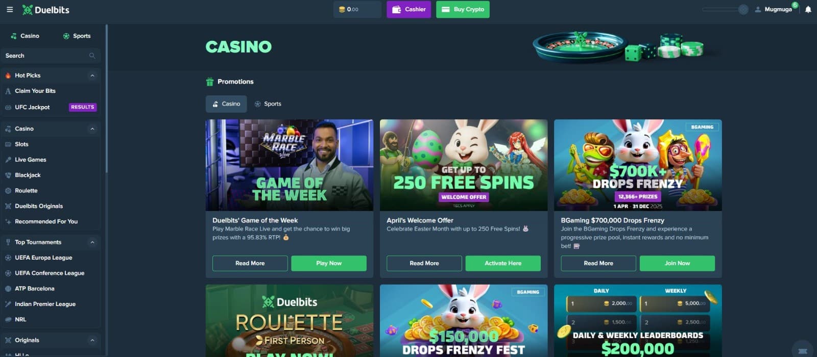 The promotions page of Duelbits Casino displays a rich collection of casino bonuses, such as the Game of the Week, April’s Welcome Offer, and more.