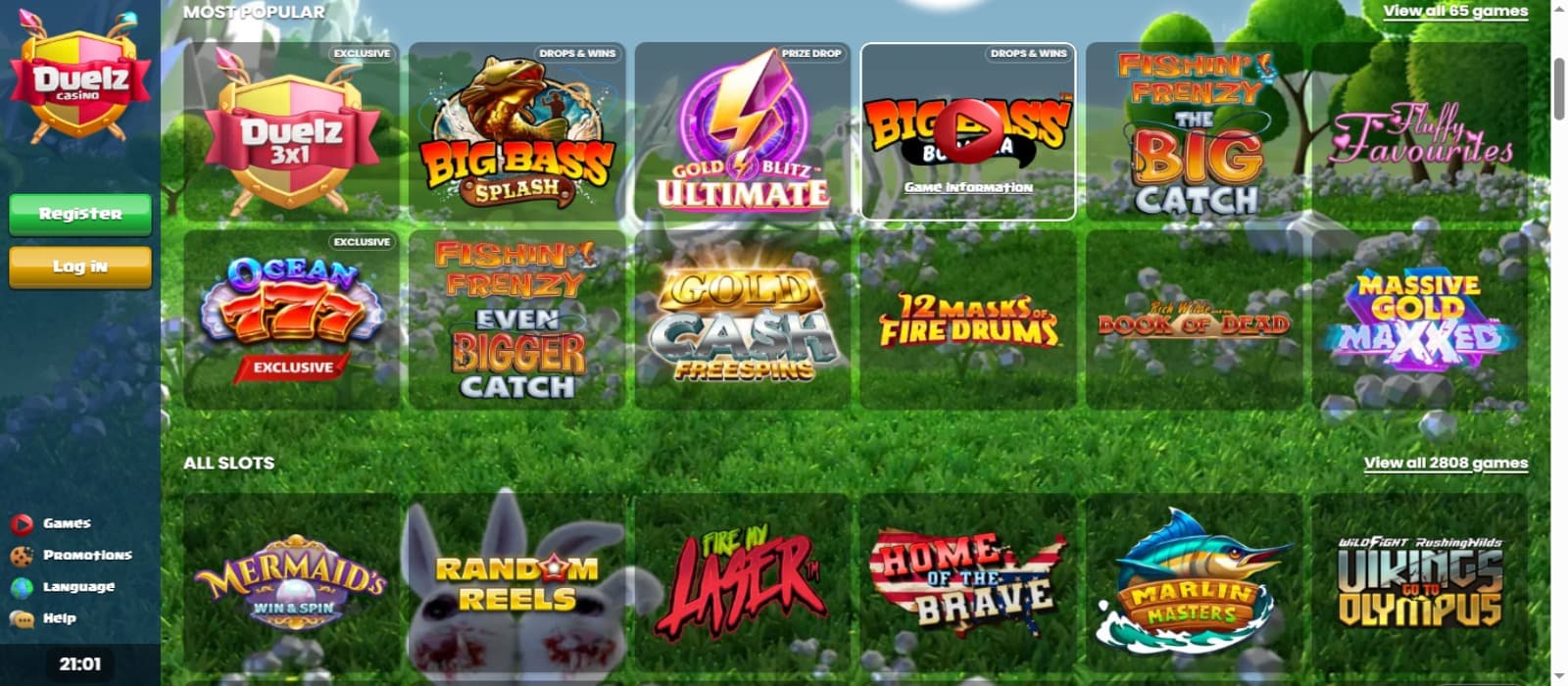 Duelz Casino games page with the slot game icons, side navigational menus and mystical forest background