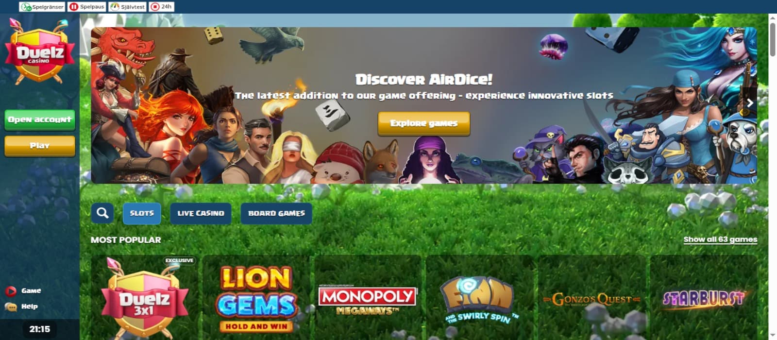 Duelz Casino landing page with the slot game icons, side navigational menus, mystical forest background, and Air Dice slot game banner