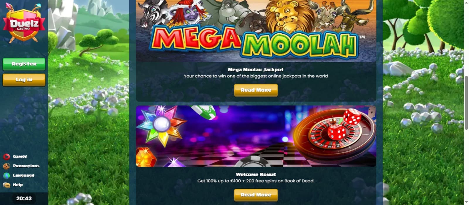 Duelz Casino promotions page with the mega moolah and welcome bonus offer banners, side navigational menus and mystical forest background