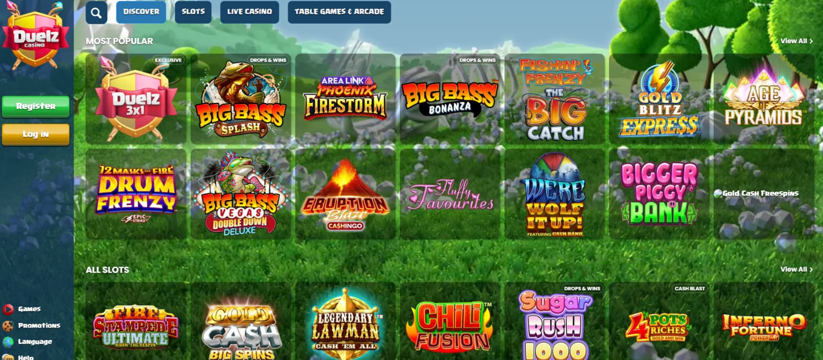 Duelz Casino games page showing popular games like Big Bass Splash, Gold Blitz Express, Age of the Pyramids, and Sugar Rush 1000 with green forest-themed background and navigation menu.