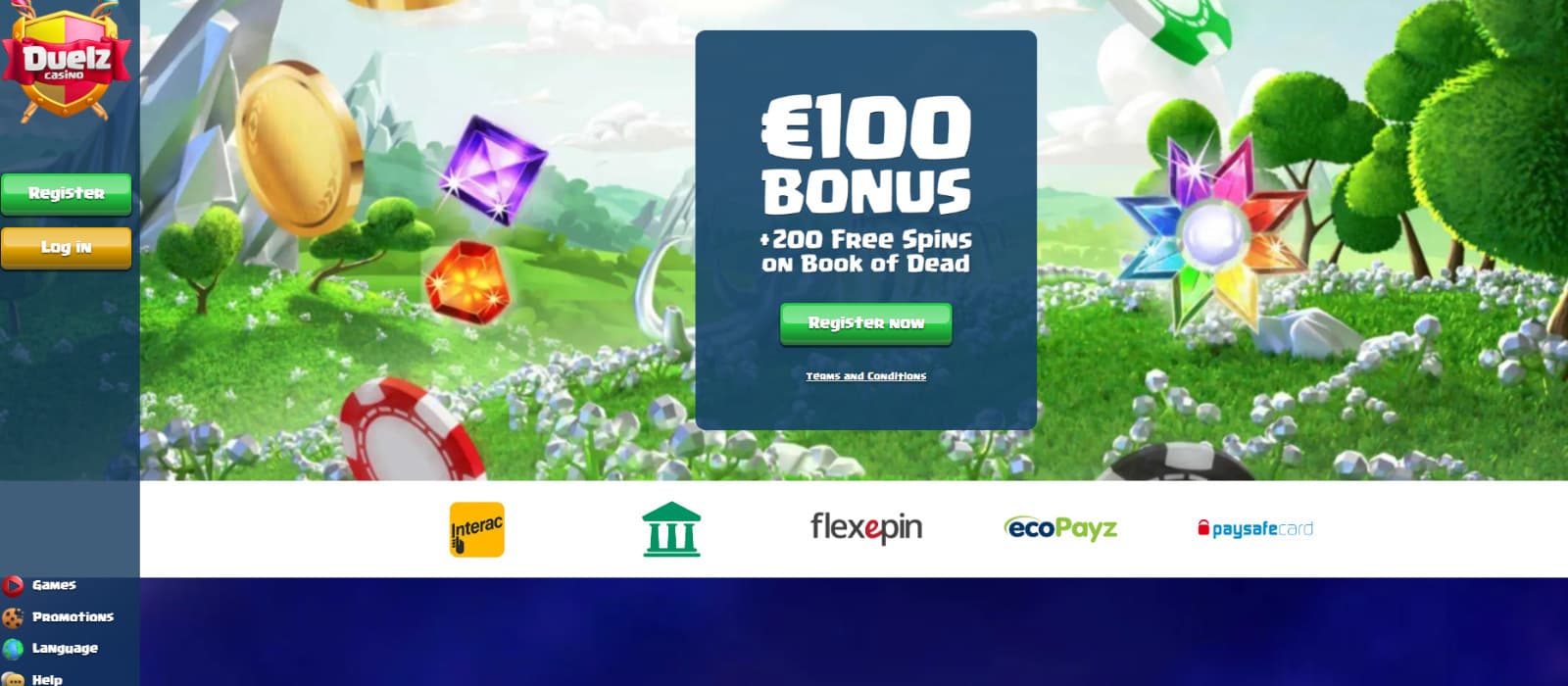 Duelz Casino homepage highlighting €100 bonus plus 200 free spins on Book of Dead, payment methods including Interac and Flexepin, and colourful fantasy-themed background.