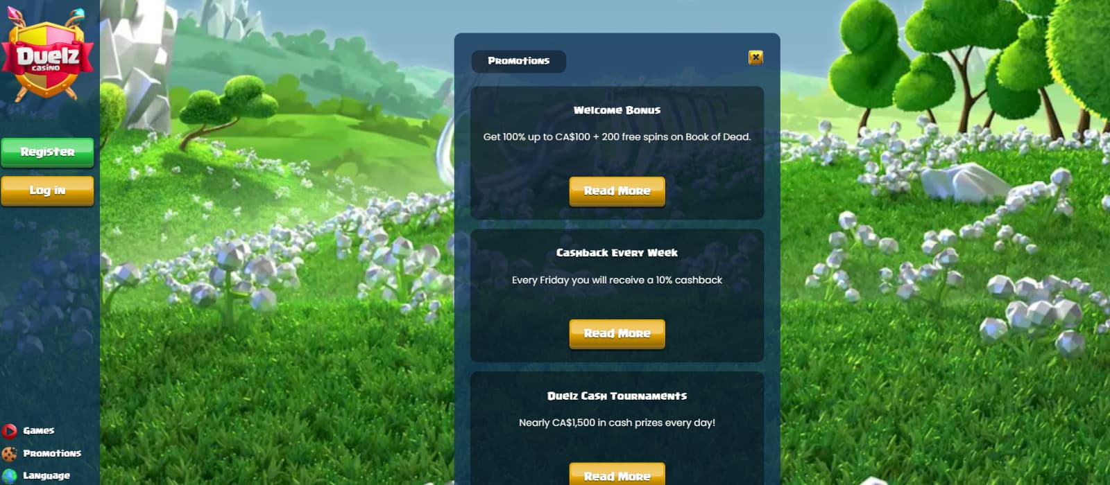 Duelz Casino promotions page displaying 100% welcome bonus offer, weekly cashback, and Duelz cash tournaments with adventure-style design and register button.