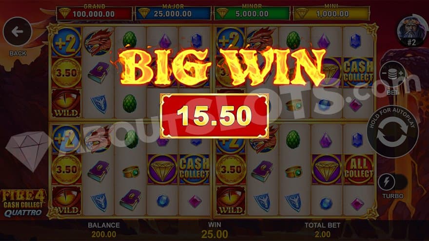 A text of burning letters above the reels saying "Big Win 15.50."