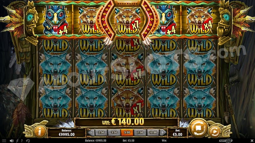 A wild reel with wolves and totem symbols above the regular reels.