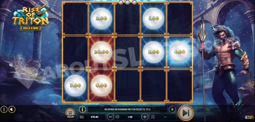 Hold and Win bonus game with bonus symbols on the reels.
