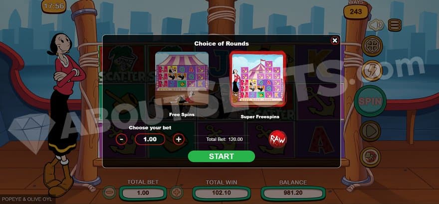 A menu offering the Free Spins for 60X the bet and the Super Free Spins for 120X the bet.