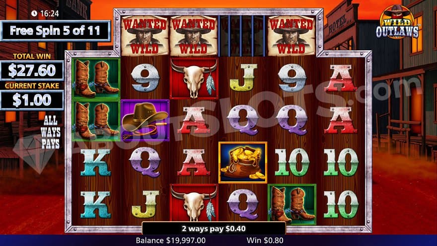 Fifth free spins of eleven with Wild Symbols on the extra positions above reels 2, 3, and 5.