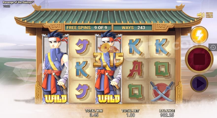 Ninja Free Spins feature with two fully expanded wild symbols.