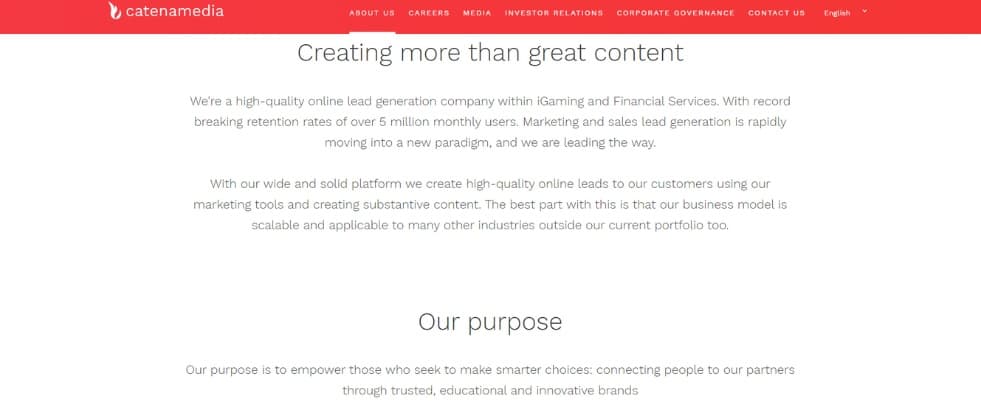 An image of Catenamedia's website, stating that they create "more than great content"