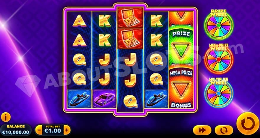 Base game where the prize wheels are located to the right of the reels.