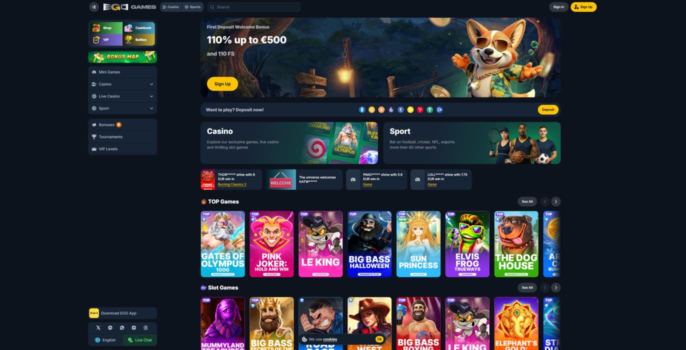 Ego Games Casino landing page, showing a selection of games and the main menu. 