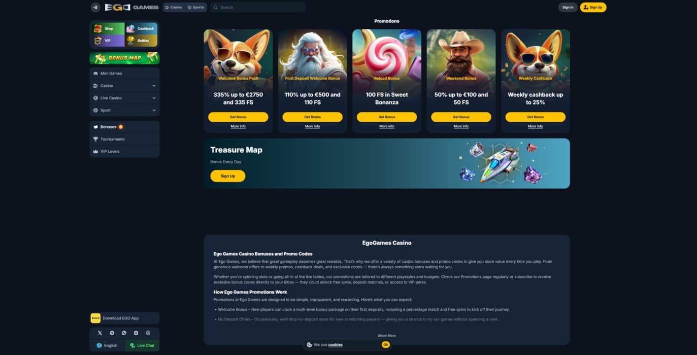 Ego Games Casino promotions page showing the welcome bonuses and other promos