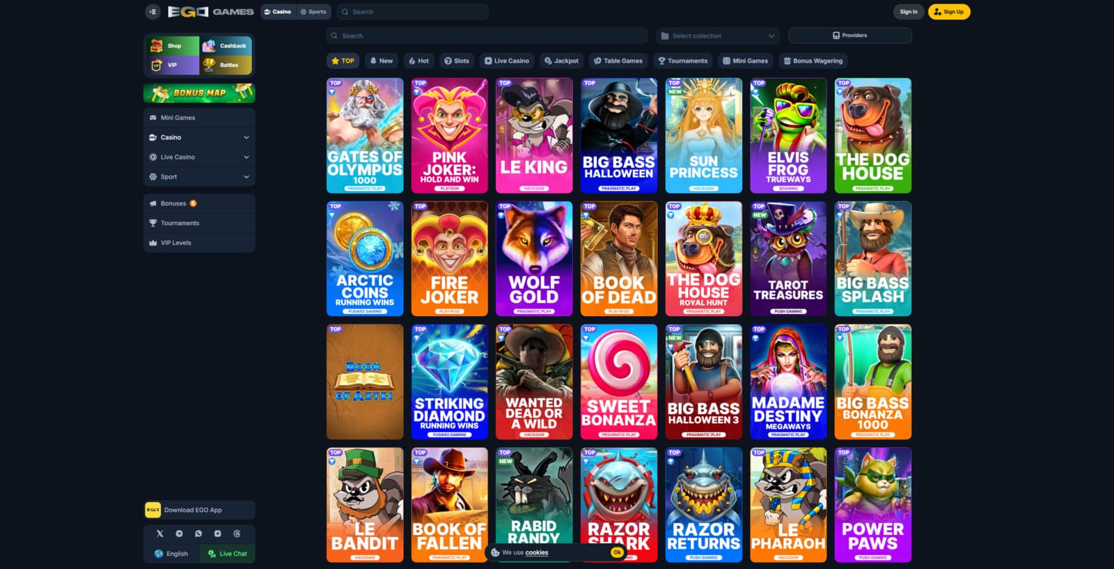 Ego Games Casino game page showing a selection of slot games from different game providers. 