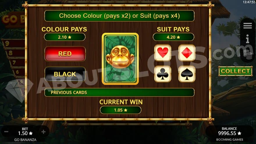 A face-down playing card and the option to choose red or black or a suit. 