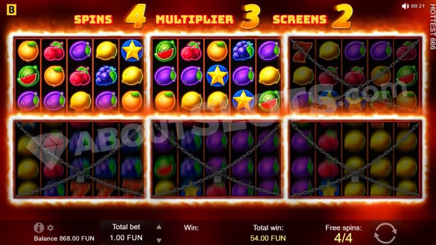 Bonus game featuer with two screens being active out of six possible.