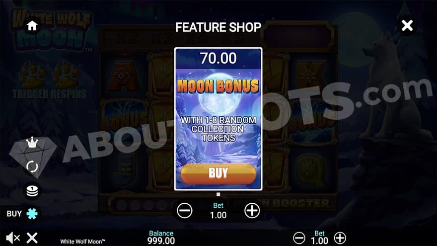 A menu offering the Moon Bonus for 70X the bet. 