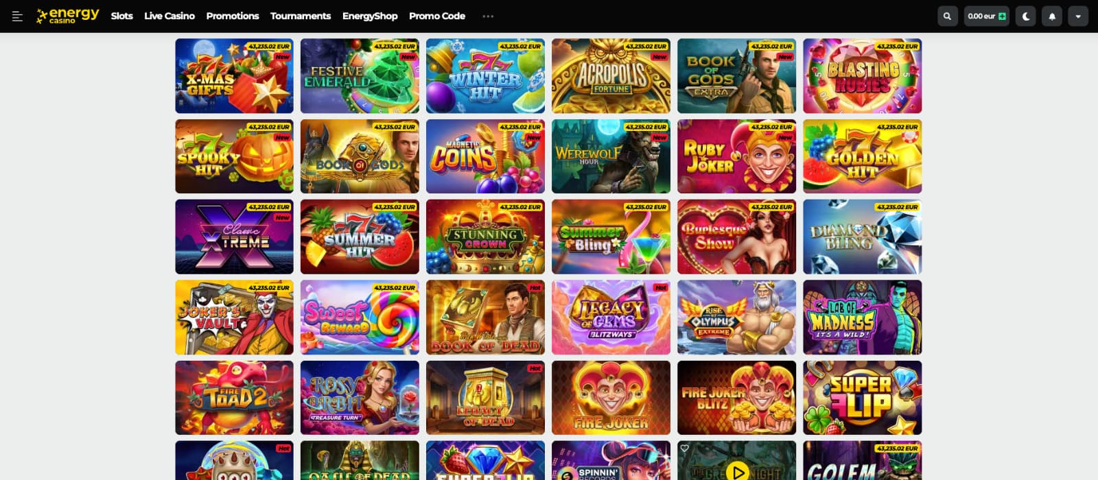 EnergyCasino games page showing a grid of slot titles including Book of Dead, Fire Joker, Reactoonz, and seasonal slots with jackpot labels.