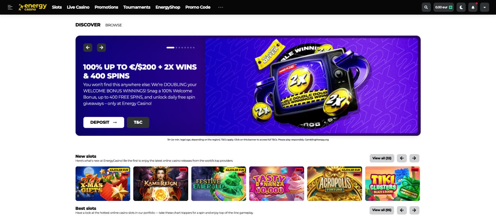 EnergyCasino landing page highlighting the welcome offer banner with 100% bonus up to €200, 2x wins, and up to 400 free spins above featured slot sections.