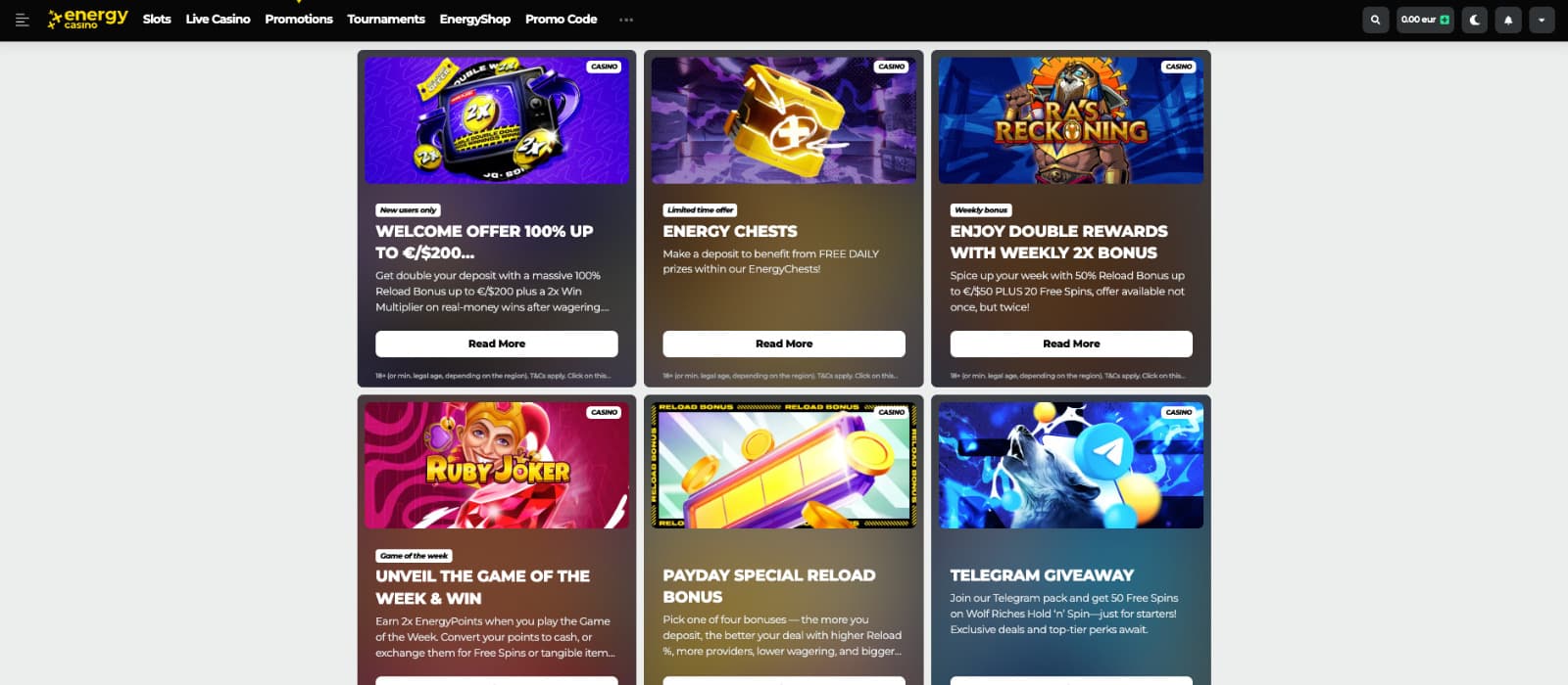 EnergyCasino promotions page displaying welcome bonus, Energy Chests, weekly 2x bonus, Game of the Week, reload offers, and Telegram giveaway cards.