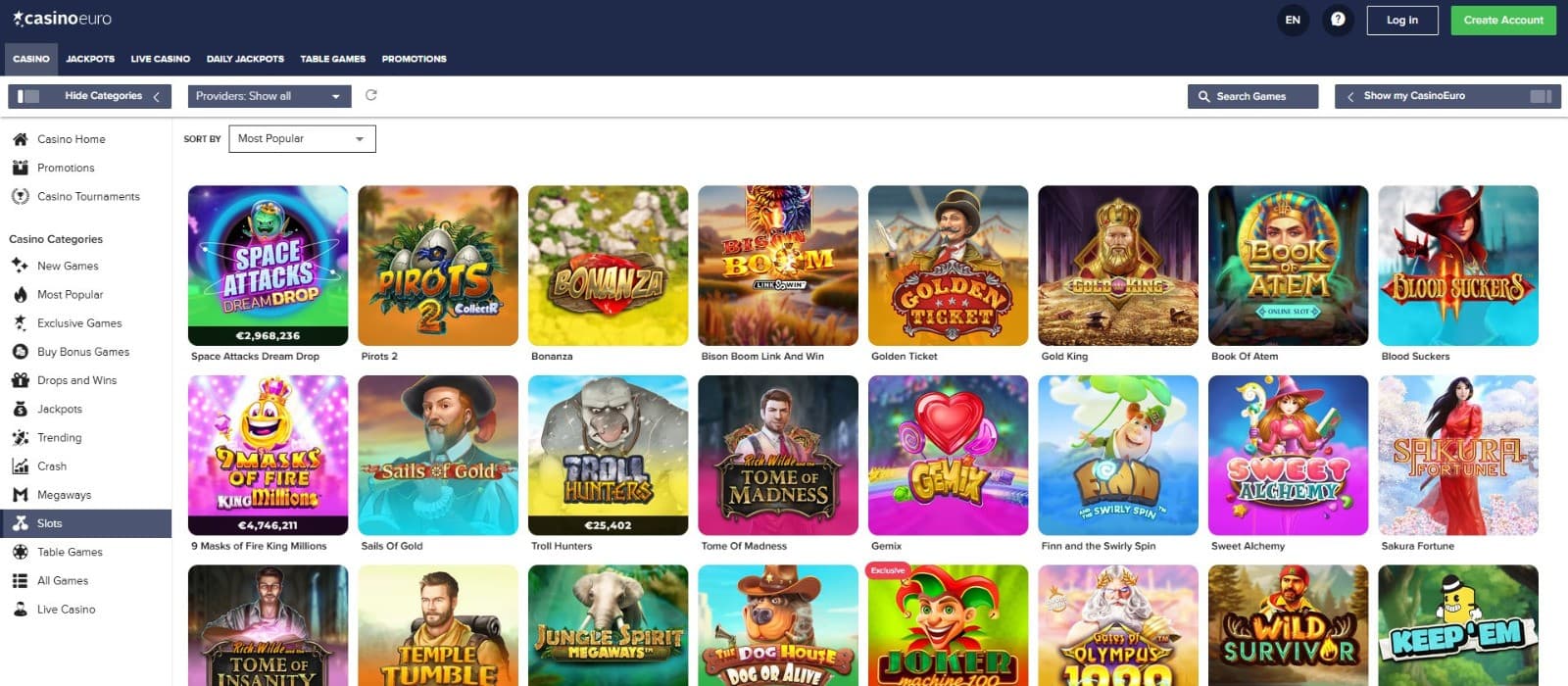 The games page of EuroCasino displays a wide range of casino games, such as Pirots 2, Bonanza, and more.