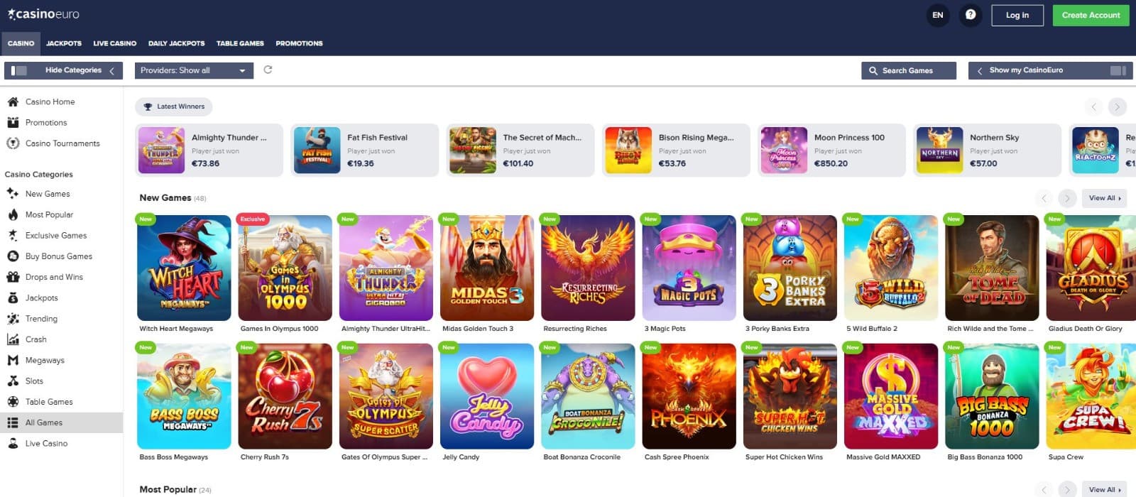 The landing page of CasinoEuro presents a rich selection of casino games, such as Witch Heart Megaways, Midas Golden Touch 3, and more.