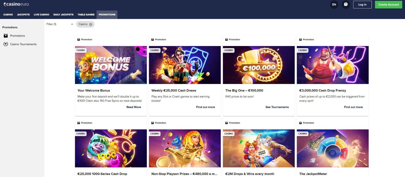 The promotions page of EuroCasino showcases a wide variety of casino bonuses, such as the welcome bonus, Weekly Cash Draws, and more.