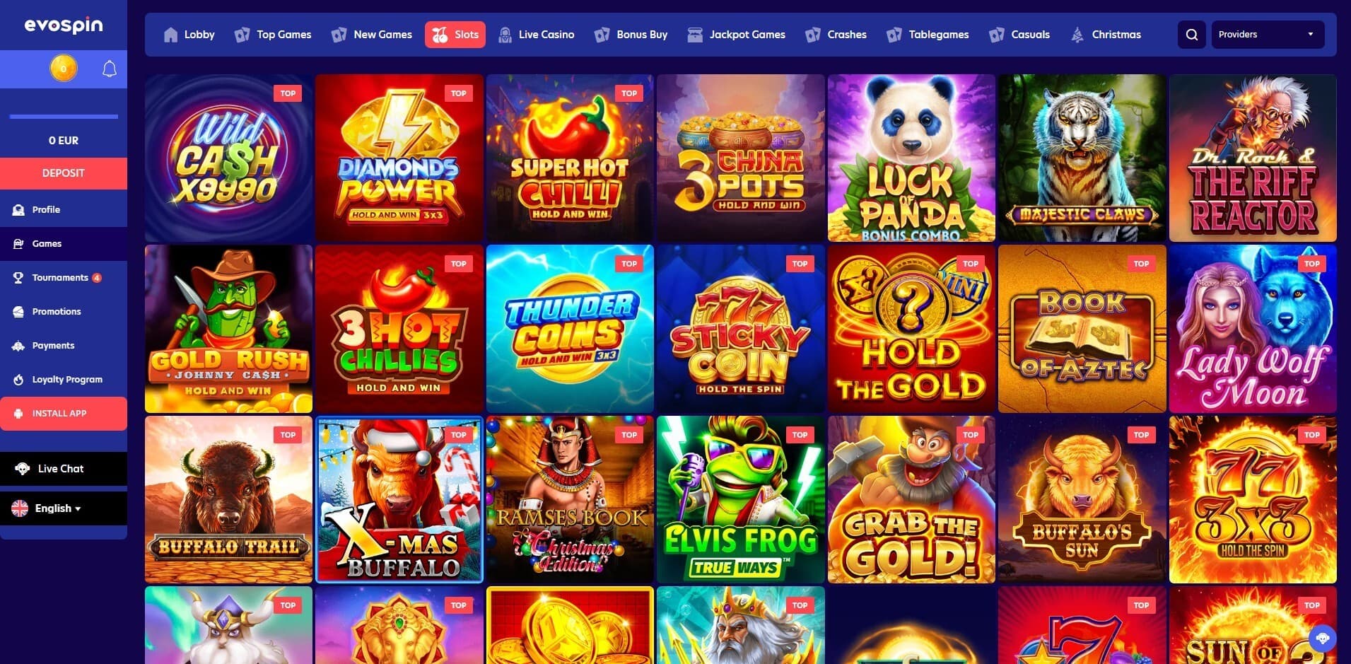 A variety of popular slot games available at Evospin Casino.