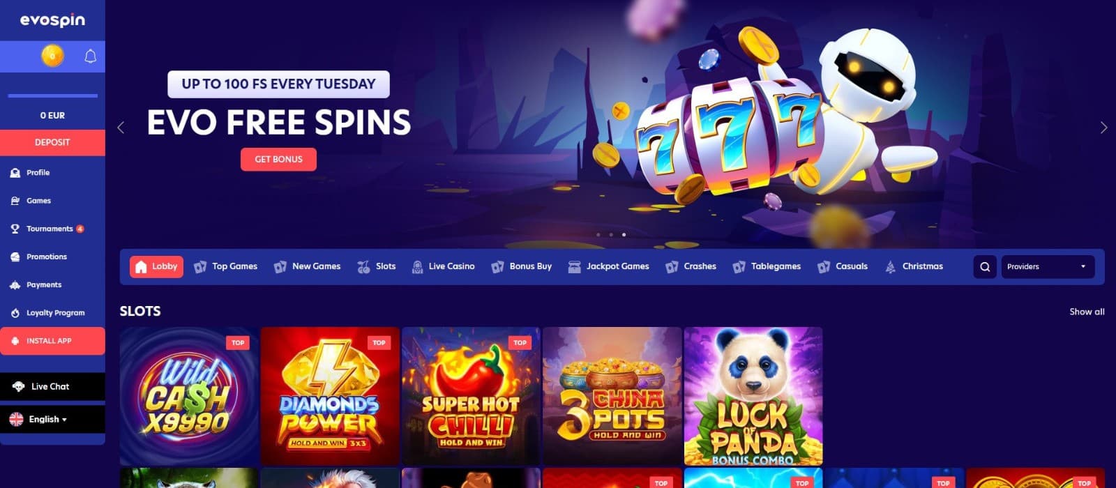  A vibrant online casino homepage featuring a colorful banner with a cartoon robot, showcasing a diverse range of casino games.