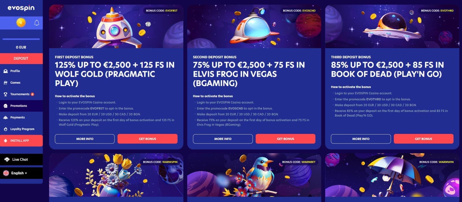 The promotions page of Evospin Casino displays a variety of casino bonuses, such as the first deposit bonus, the second deposit bonus, and more.