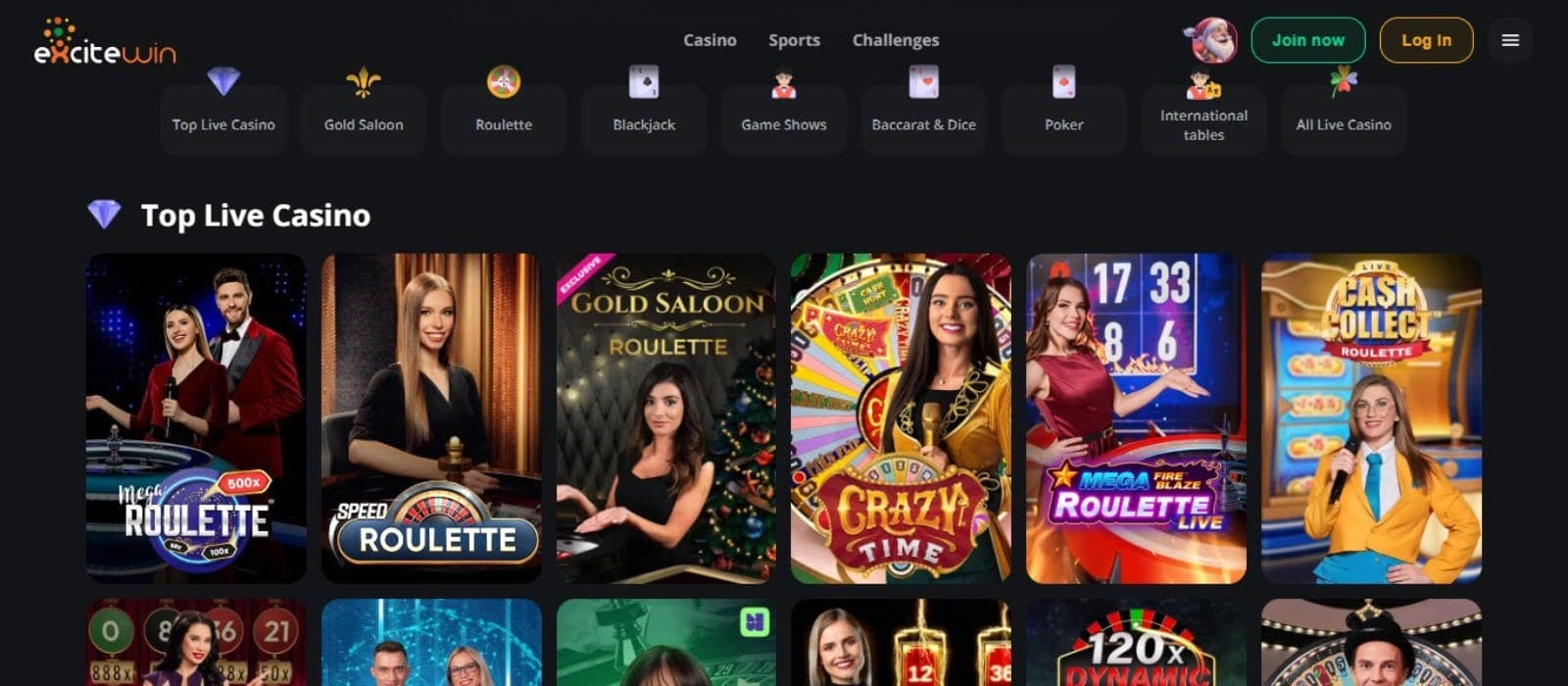 Excitewin Casino's live casino category, showing variations of roulette and game tabs.