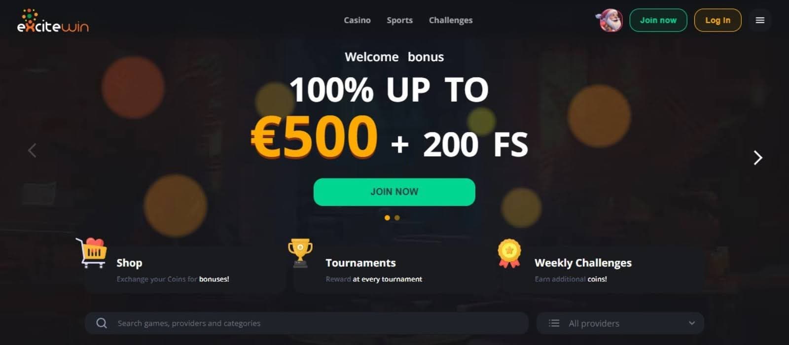 Excitewin Casino's homepage, showing the welcome bonus and a sign-up button.