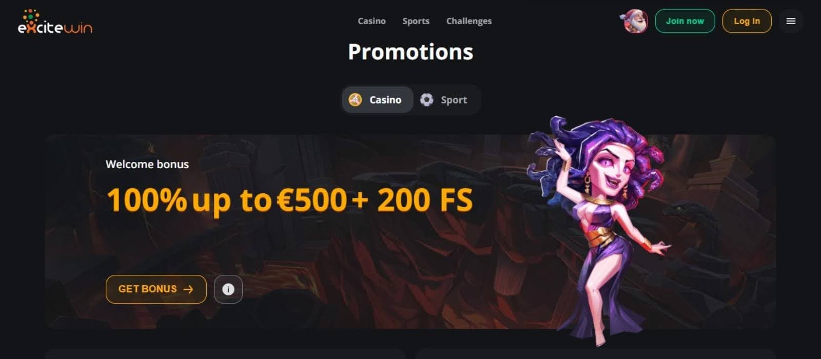 Excitewin Casino's promotions page, showing the welcome bonus flanked by a game avatar.