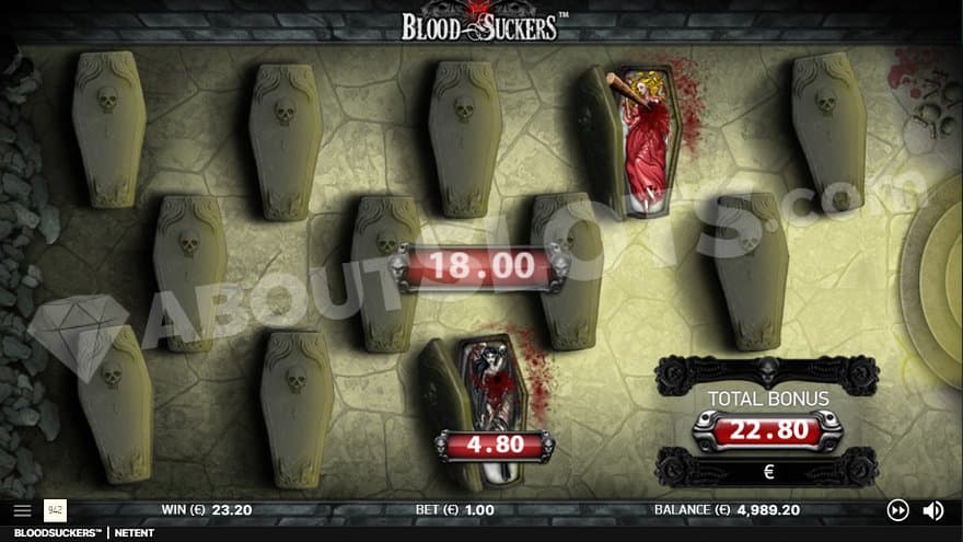 Twelve coffins on a floor. Two of them are open, displaying dead vampires with wooden nails through their herts.