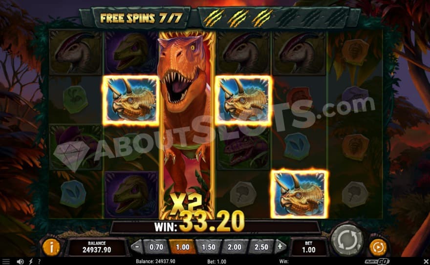 Feeding Frenzy bonus game with a 2X multiplier on the Rex symbol.