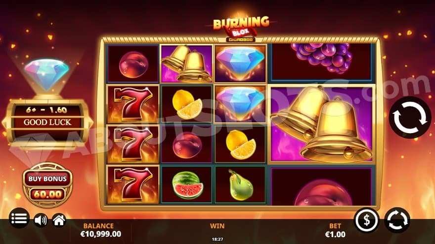 A five reel casino slot with big Gigablox symbols on reels 4 and 5. 