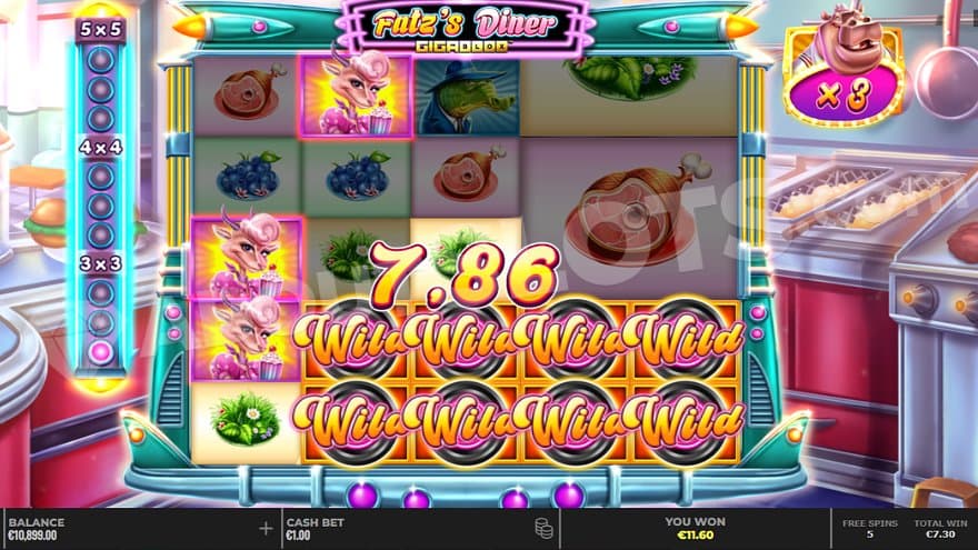 A win containing Wild Symbols on rows 2-5 in the Free Spins. 