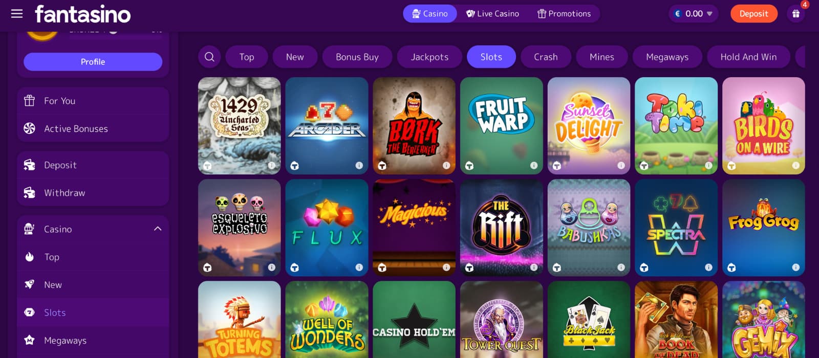 Fantasino game page with category filters and slot games including Sweet Bonanza, Gates of Olympus, and Joker’s Jewels