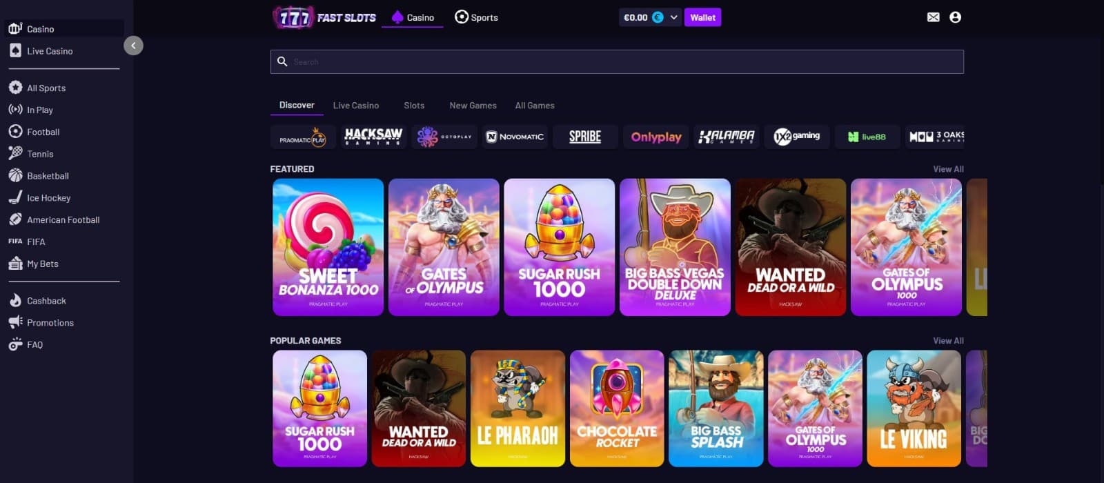 The games page of FastSlots presents a rich selection of slot titles, such as Sweet Bonanza 1000, Gates of Olympus, and more.