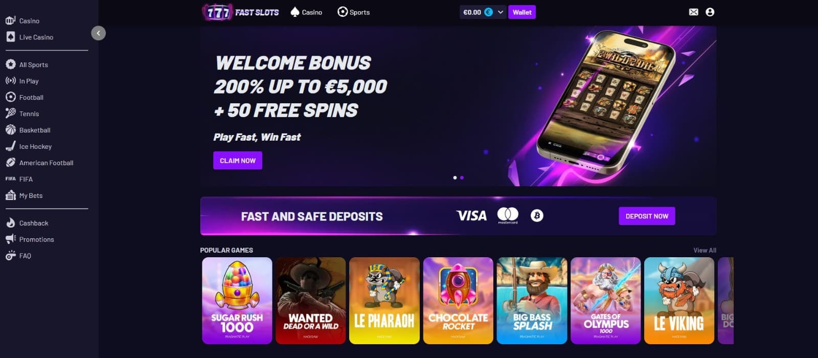 The landing page of FastSlots Casino showcases the welcome bonus of 200% up to 5000 euros and 50 free spins.