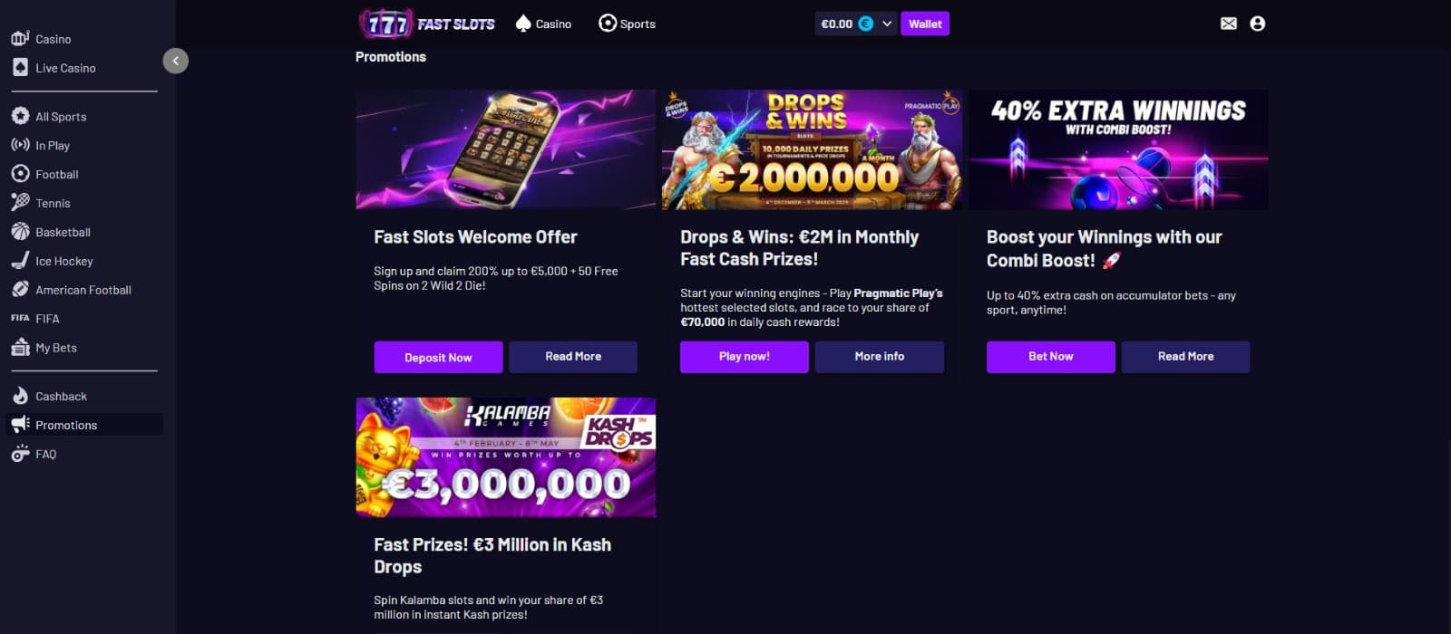 The promotions page of FastSlots Casino displays a range of casino bonuses including the welcome bonus, Drops & Wins, and more.