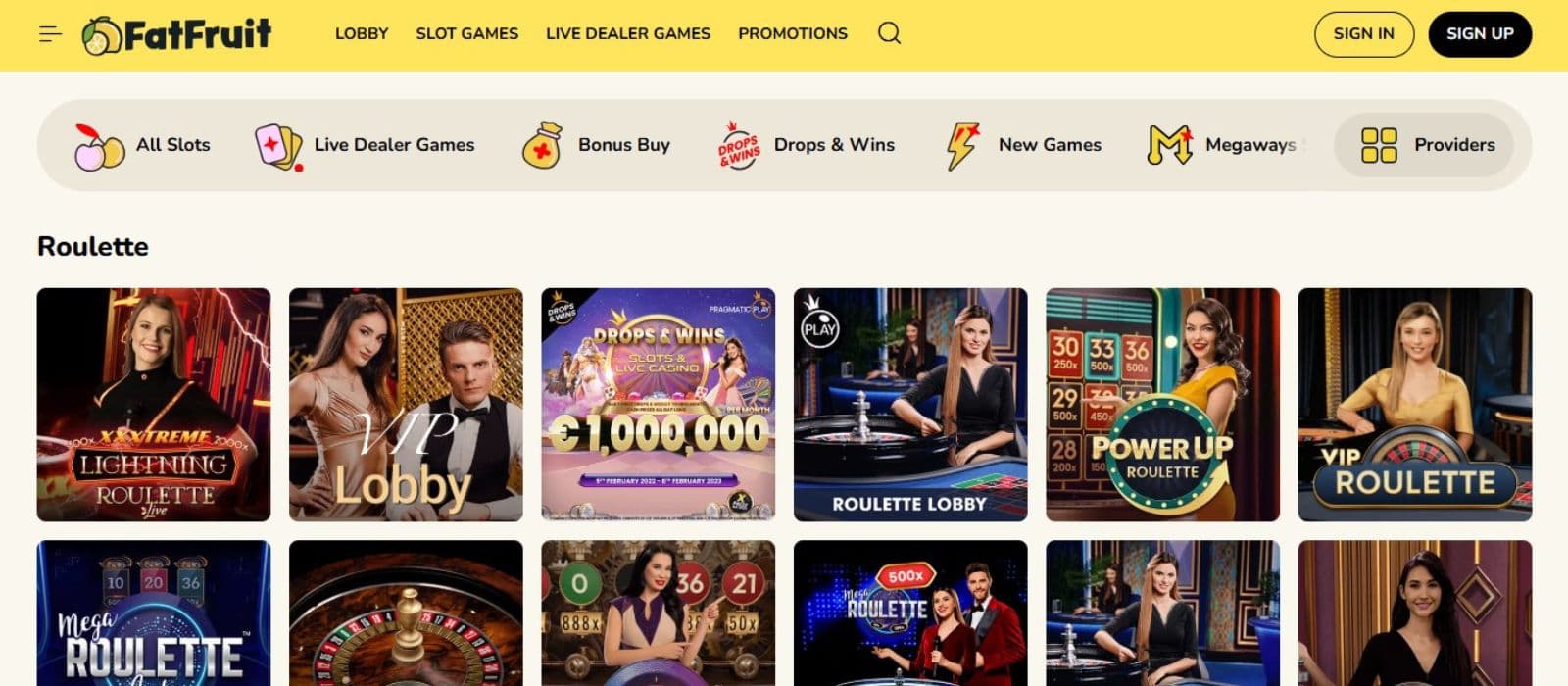 FatFruit Casino’s live games section highlights various roulette titles, including Lightning Roulette, VIP Roulette, Power Up Roulette, and Mega Roulette. 