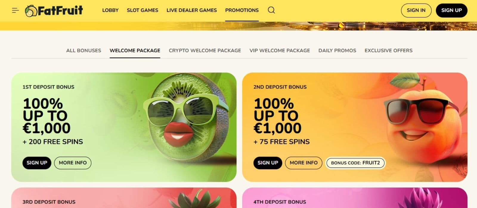 FatFruit Casino’s promotion page highlights the 1st and 2nd deposit bonuses, offering 100% up to €1,000 with 200 and 75 free spins respectively