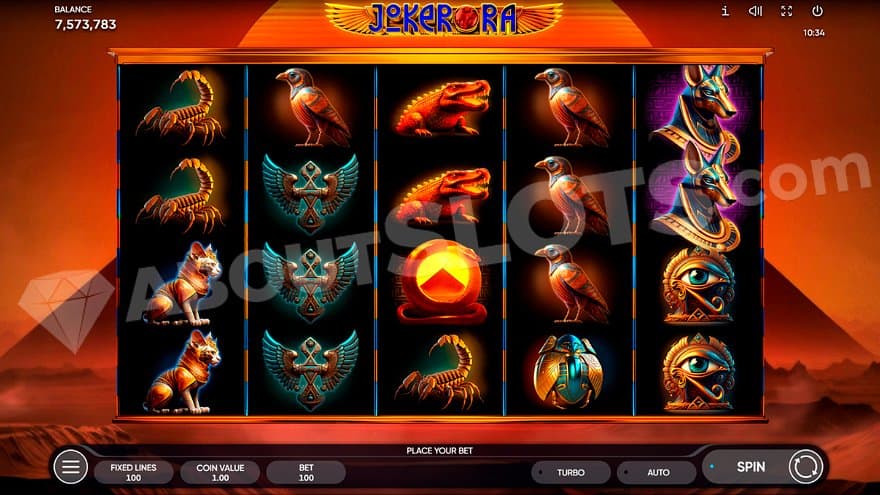 Five reels with Egyptian symbols in front of a pyramid. 