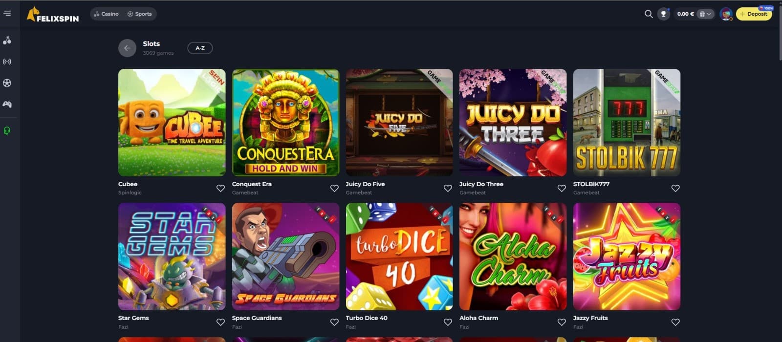 The games page of Felixspin Casino displays slot games, such as Cubee, Conquest Era, and more.