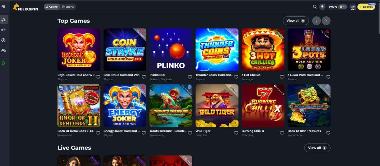 The landing page of Felixspin Casino shows the top games, such as Royal Joker, Coin Strike, and more.