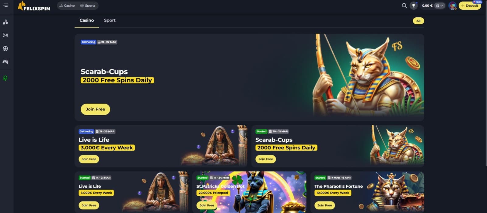 The landing page of Felixspin Casino presents the casino bonuses, such as, Scarab-Cups, Live is life, and more.