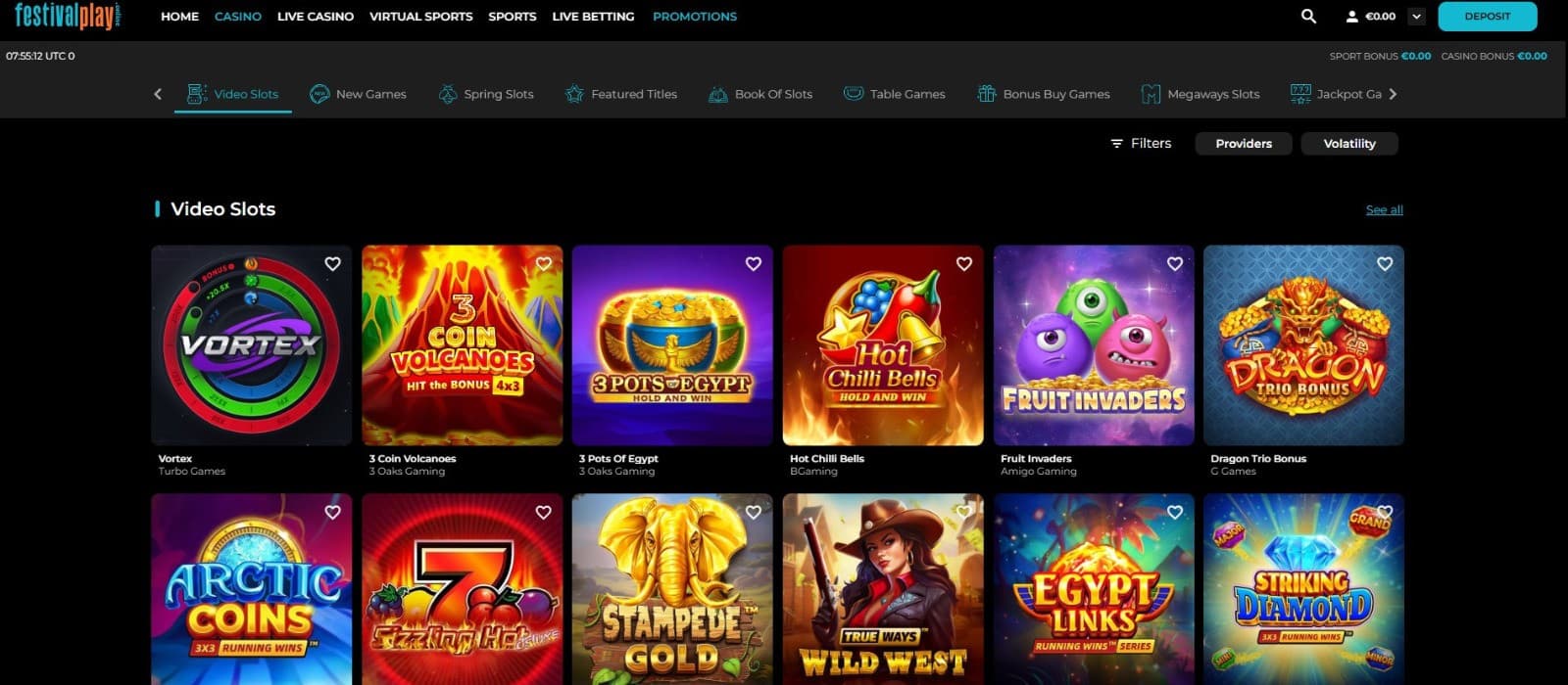 The games page of FestivalPlay Casino showcases a rich selection of video slots, such as Vortex, 3 Coin Volcanos, and more.
