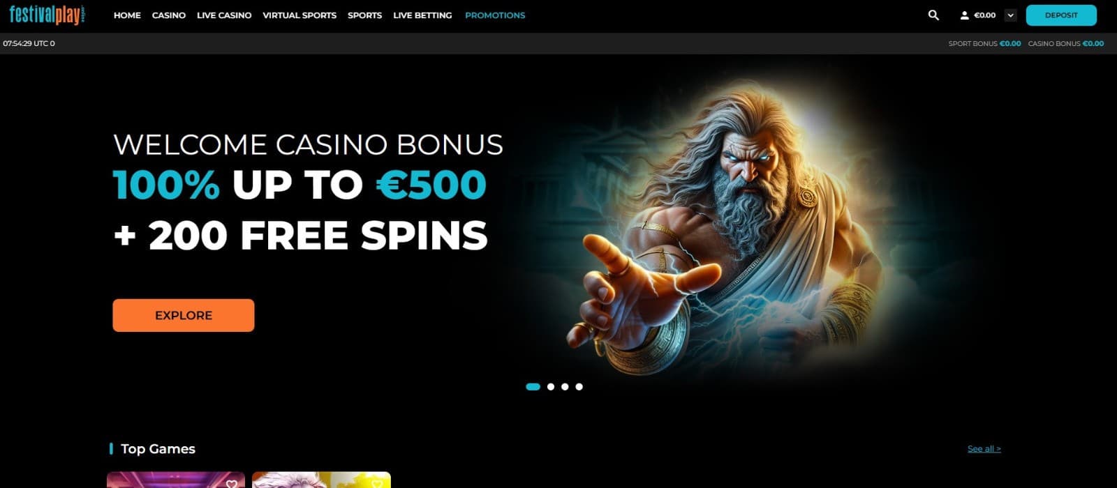 The landing page of FestivalPlay Casino presents the welcome bonus of 100% up to 500 euros and 200 free spins.